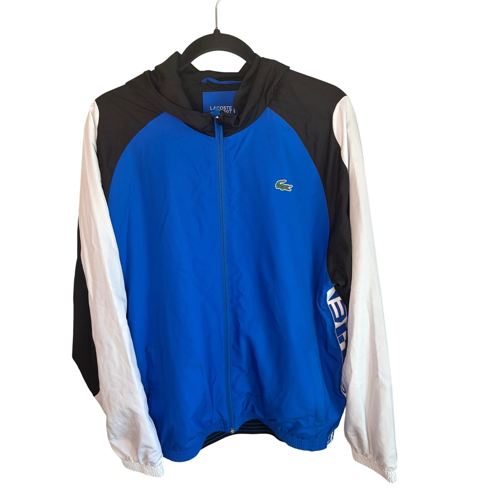 Lacoste Sport Mens Colorblock Hooded Windbreaker Jacket Blue Black White L/XL